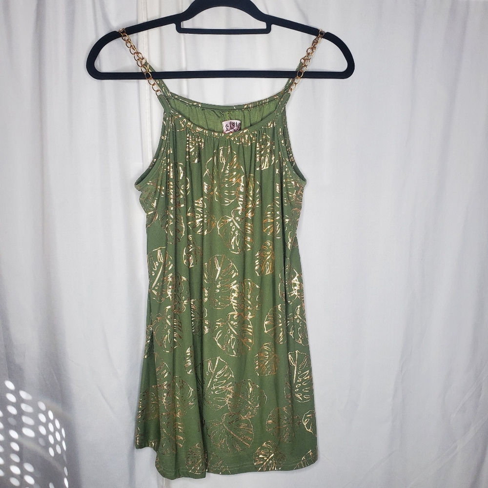 ♤ Love Maternity Green and Gold Sleeveless Swing Top Size Large